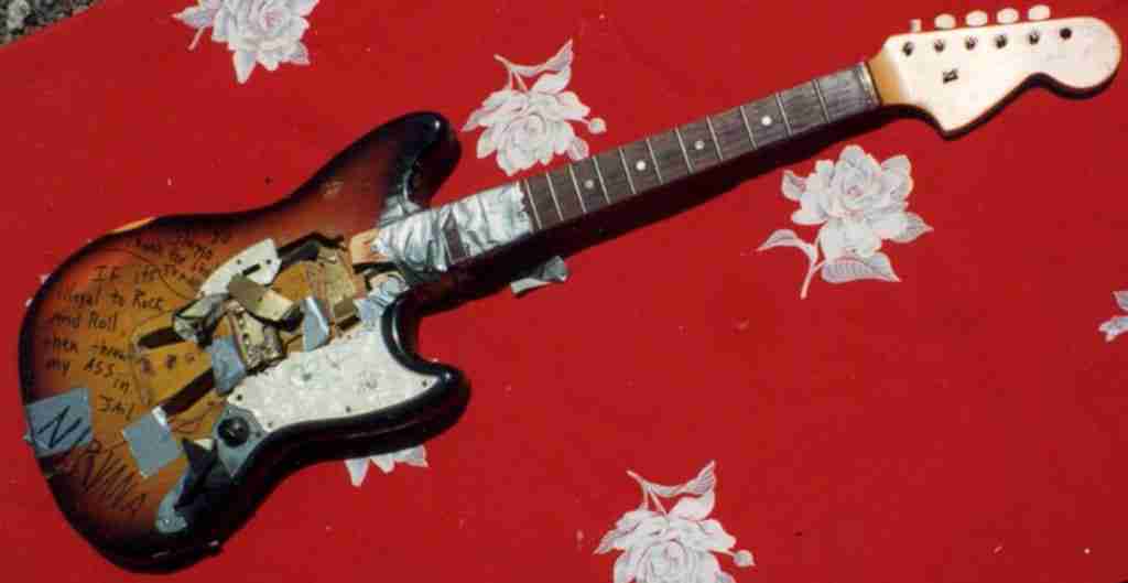 A smashed Kurt Cobain guitar 1973 Fender Mustang will be at Julien’s Auctions’ Rock ‘N’ Roll Idols and Icons auction